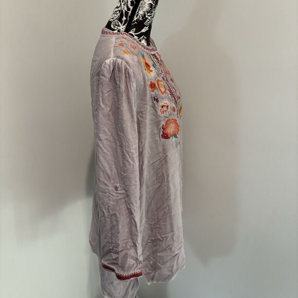 ANDREE by Unit Purple Rayon Roll Tab Sleeve Embroidered Top TunicJohnny Was M - Picture 3 of 7